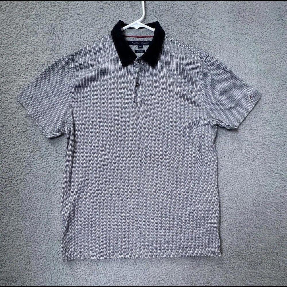 Tommy Hilfiger Polo Shirt Mens XL Black White Herring Bone Golf Button Up Cotton
